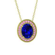 Lab safir ve pembe kuvars 14 ayar altın kolye (40 cm altın rolo zincir)
