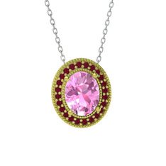 Esinti Oval Kolye - Pembe kuvars ve kök yakut 14 ayar altın kolye (40 cm beyaz altın rolo zincir) #1509aa5