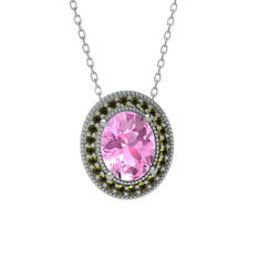Esinti Oval Kolye - Pembe kuvars ve peridot 18 ayar beyaz altın kolye (40 cm gümüş rolo zincir) #151ol0h