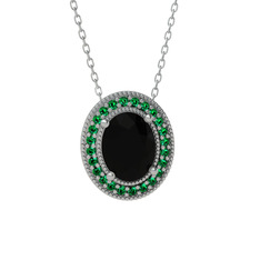Esinti Oval Kolye - Siyah zirkon ve yeşil kuvars 18 ayar beyaz altın kolye (40 cm beyaz altın rolo zincir) #15bd5es