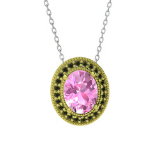 Esinti Oval Kolye - Pembe kuvars ve peridot 8 ayar altın kolye (40 cm beyaz altın rolo zincir) #15m7pr0