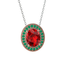 Garnet ve kök zümrüt 925 ayar rose altın kaplama gümüş kolye (40 cm beyaz altın rolo zincir)
