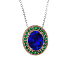 Esinti Oval Kolye - Lab safir ve yeşil kuvars 14 ayar rose altın kolye (40 cm beyaz altın rolo zincir) #15n935x