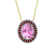 Esinti Oval Kolye - Pembe kuvars ve kök yakut 8 ayar beyaz altın kolye (40 cm altın rolo zincir) #15rkcih