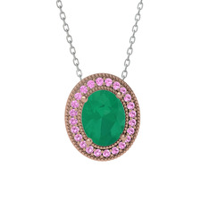 Esinti Oval Kolye - Kök zümrüt ve pembe kuvars 14 ayar rose altın kolye (40 cm beyaz altın rolo zincir) #15rvzf