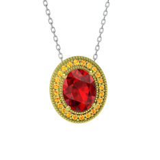 Garnet ve sitrin 18 ayar altın kolye (40 cm beyaz altın rolo zincir)
