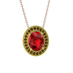 Esinti Oval Kolye - Garnet ve dumanlı kuvars 18 ayar altın kolye (40 cm rose altın rolo zincir) #16b39ko