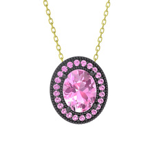 Esinti Oval Kolye - Pembe kuvars 925 ayar siyah rodyum kaplama gümüş kolye (40 cm altın rolo zincir) #16nzxpl