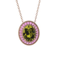 Peridot ve pembe kuvars 14 ayar rose altın kolye (40 cm rose altın rolo zincir)