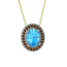 Esinti Oval Kolye - Akuamarin ve dumanlı kuvars 8 ayar beyaz altın kolye (40 cm altın rolo zincir) #1717c6m