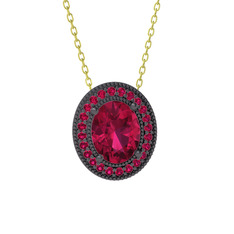 Esinti Oval Kolye - Rodolit garnet 925 ayar siyah rodyum kaplama gümüş kolye (40 cm altın rolo zincir) #1724bea