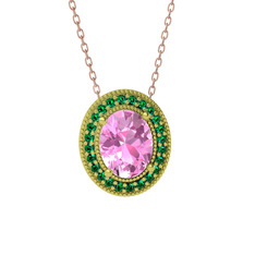 Esinti Oval Kolye - Pembe kuvars ve yeşil kuvars 8 ayar altın kolye (40 cm rose altın rolo zincir) #17ddzok