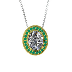 Esinti Oval Kolye - Beyaz zirkon ve kök zümrüt 14 ayar altın kolye (40 cm beyaz altın rolo zincir) #17juszk