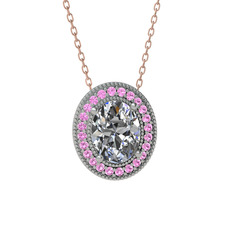 Esinti Oval Kolye - Swarovski ve pembe kuvars 8 ayar beyaz altın kolye (40 cm rose altın rolo zincir) #17lb8b7