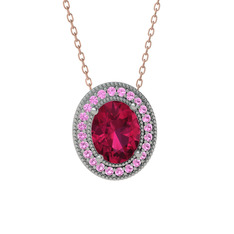 Esinti Oval Kolye - Rodolit garnet ve pembe kuvars 18 ayar beyaz altın kolye (40 cm rose altın rolo zincir) #17nna8d