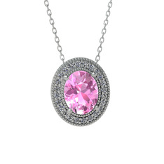 Esinti Oval Kolye - Pembe kuvars ve pırlanta 18 ayar beyaz altın kolye (0.264 karat, 40 cm gümüş rolo zincir) #17pbudp