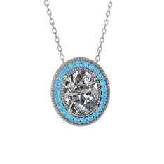 Esinti Oval Kolye - Beyaz zirkon ve akuamarin 18 ayar beyaz altın kolye (40 cm gümüş rolo zincir) #17qdssw