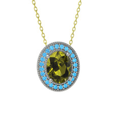 Peridot ve akuamarin 14 ayar beyaz altın kolye (40 cm gümüş rolo zincir)