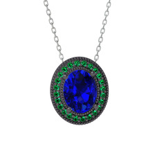 Esinti Oval Kolye - Lab safir ve yeşil kuvars 925 ayar siyah rodyum kaplama gümüş kolye (40 cm beyaz altın rolo zincir) #1823cx3