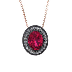 Rodolit garnet ve pırlanta 925 ayar siyah rodyum kaplama gümüş kolye (0.264 karat, 40 cm rose altın rolo zincir)