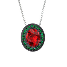 Esinti Oval Kolye - Garnet ve yeşil kuvars 925 ayar siyah rodyum kaplama gümüş kolye (40 cm beyaz altın rolo zincir) #19h9kji