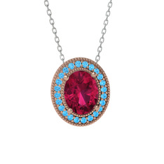 Rodolit garnet ve akuamarin 8 ayar rose altın kolye (40 cm beyaz altın rolo zincir)