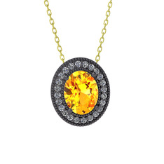 Esinti Oval Kolye - Sitrin ve swarovski 925 ayar siyah rodyum kaplama gümüş kolye (40 cm altın rolo zincir) #1afyodu