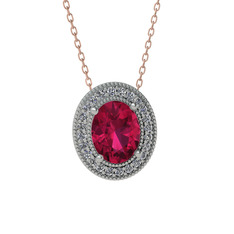 Esinti Oval Kolye - Rodolit garnet ve pırlanta 14 ayar beyaz altın kolye (0.264 karat, 40 cm rose altın rolo zincir) #1aschm2