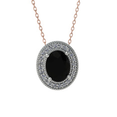 Esinti Oval Kolye - Siyah zirkon ve pırlanta 14 ayar beyaz altın kolye (0.264 karat, 40 cm rose altın rolo zincir) #1baqxoi