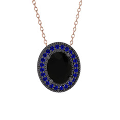 Esinti Oval Kolye - Siyah zirkon ve lab safir 925 ayar siyah rodyum kaplama gümüş kolye (40 cm rose altın rolo zincir) #1be9sng