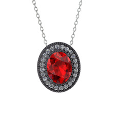 Esinti Oval Kolye - Garnet ve beyaz zirkon 925 ayar siyah rodyum kaplama gümüş kolye (40 cm beyaz altın rolo zincir) #1bpupw8