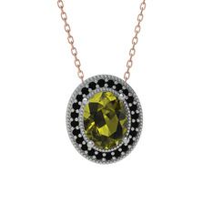 Esinti Oval Kolye - Peridot ve siyah zirkon 8 ayar beyaz altın kolye (40 cm rose altın rolo zincir) #1cahk5h