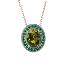 Esinti Oval Kolye - Peridot ve yeşil kuvars 8 ayar beyaz altın kolye (40 cm rose altın rolo zincir) #1cb4hqt