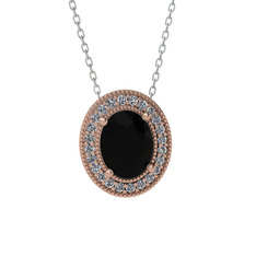 Esinti Oval Kolye - Siyah zirkon ve beyaz zirkon 18 ayar rose altın kolye (40 cm gümüş rolo zincir) #1cckayq
