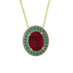 Esinti Oval Kolye - Kök yakut ve kök zümrüt 925 ayar rose altın kaplama gümüş kolye (40 cm altın rolo zincir) #1cgvoj6