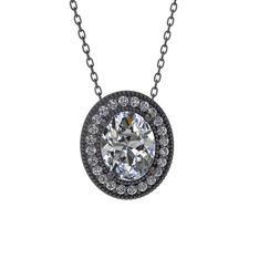 Esinti Oval Kolye - Swarovski ve beyaz zirkon 925 ayar siyah rodyum kaplama gümüş kolye (40 cm gümüş rolo zincir) #1dro93c