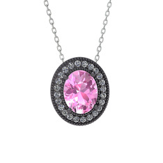 Esinti Oval Kolye - Pembe kuvars ve beyaz zirkon 925 ayar siyah rodyum kaplama gümüş kolye (40 cm beyaz altın rolo zincir) #1eg3spu