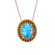 Esinti Oval Kolye - Akuamarin ve garnet 8 ayar altın kolye (40 cm rose altın rolo zincir) #1eilvtr