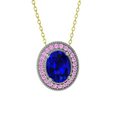 Lab safir ve pembe kuvars 8 ayar beyaz altın kolye (40 cm altın rolo zincir)