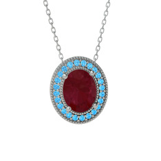 Esinti Oval Kolye - Kök yakut ve akuamarin 18 ayar beyaz altın kolye (40 cm gümüş rolo zincir) #1enac1x