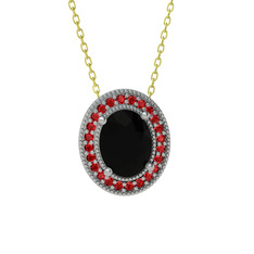 Esinti Oval Kolye - Siyah zirkon ve garnet 18 ayar beyaz altın kolye (40 cm altın rolo zincir) #1fg4my4