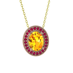 Esinti Oval Kolye - Sitrin ve rodolit garnet 8 ayar rose altın kolye (40 cm altın rolo zincir) #1furc8e
