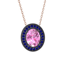Esinti Oval Kolye - Pembe kuvars ve lab safir 925 ayar siyah rodyum kaplama gümüş kolye (40 cm rose altın rolo zincir) #1ga5q2y
