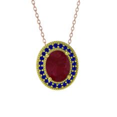 Kök yakut ve lab safir 925 ayar altın kaplama gümüş kolye (40 cm rose altın rolo zincir)