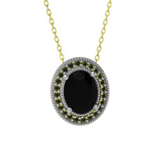 Esinti Oval Kolye - Siyah zirkon ve peridot 8 ayar beyaz altın kolye (40 cm gümüş rolo zincir) #1gkrckd