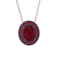 Esinti Oval Kolye - Kök yakut ve rodolit garnet 925 ayar siyah rodyum kaplama gümüş kolye (40 cm rose altın rolo zincir) #1gnvhza