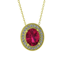 Esinti Oval Kolye - Rodolit garnet ve pırlanta 18 ayar altın kolye (0.264 karat, 40 cm altın rolo zincir) #1gt4lgw
