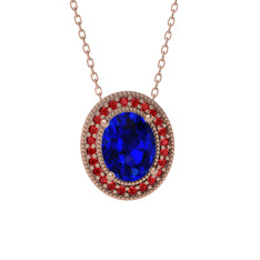 Lab safir ve garnet 14 ayar rose altın kolye (40 cm rose altın rolo zincir)