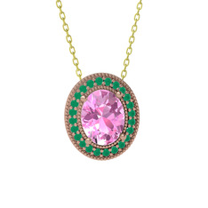 Esinti Oval Kolye - Pembe kuvars ve kök zümrüt 925 ayar rose altın kaplama gümüş kolye (40 cm altın rolo zincir) #1hqdjn6