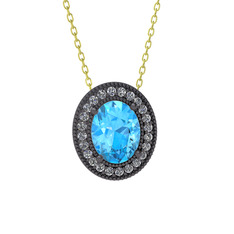 Esinti Oval Kolye - Akuamarin ve swarovski 925 ayar siyah rodyum kaplama gümüş kolye (40 cm altın rolo zincir) #1hwzsoz